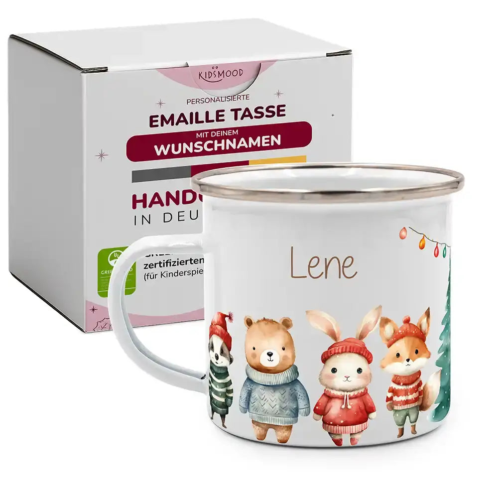 Emaille Tasse personalisiert Weihnachten - niedliche Tiere
