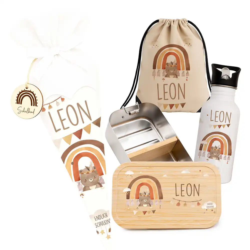 Großes Einschulungsset mit Name – Schultüte, Turnbeutel, Trinkflasche & Brotdose