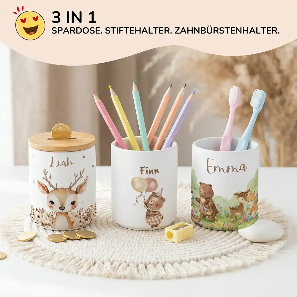 Personalisierte Spardose BĂ€r Geburtstag â Keramik & Bambus mit Wunschname