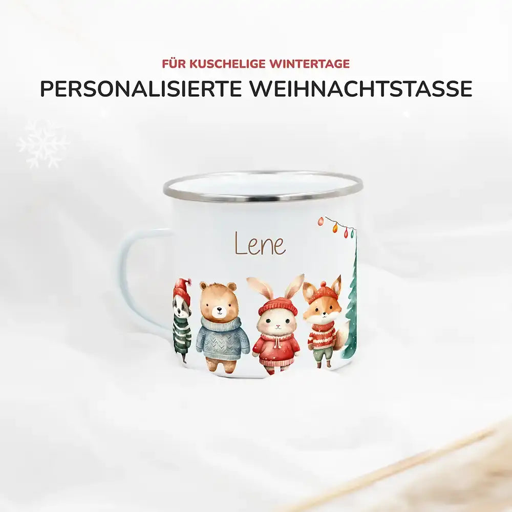 Emaille Tasse personalisiert Weihnachten - niedliche Tiere