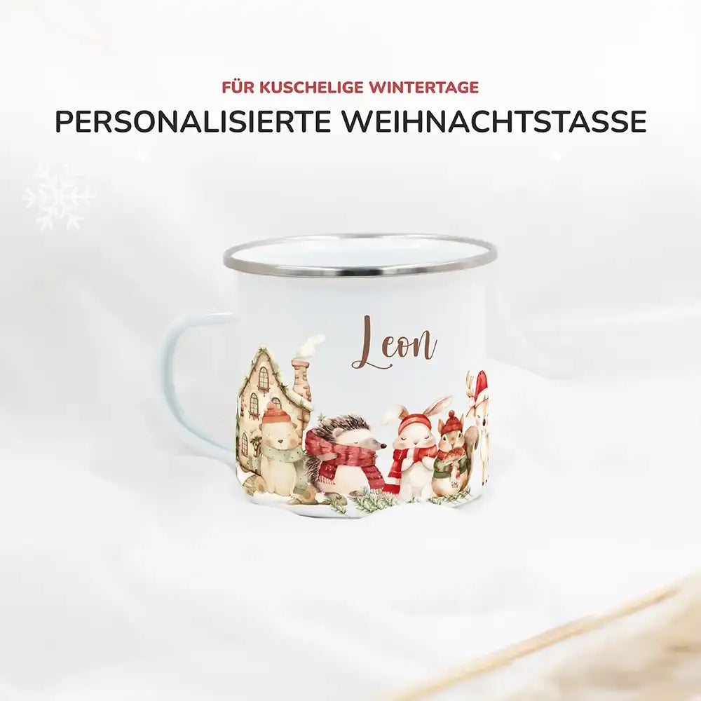 Emaille Tasse personalisiert Weihnachten - Tierfamilie Wald