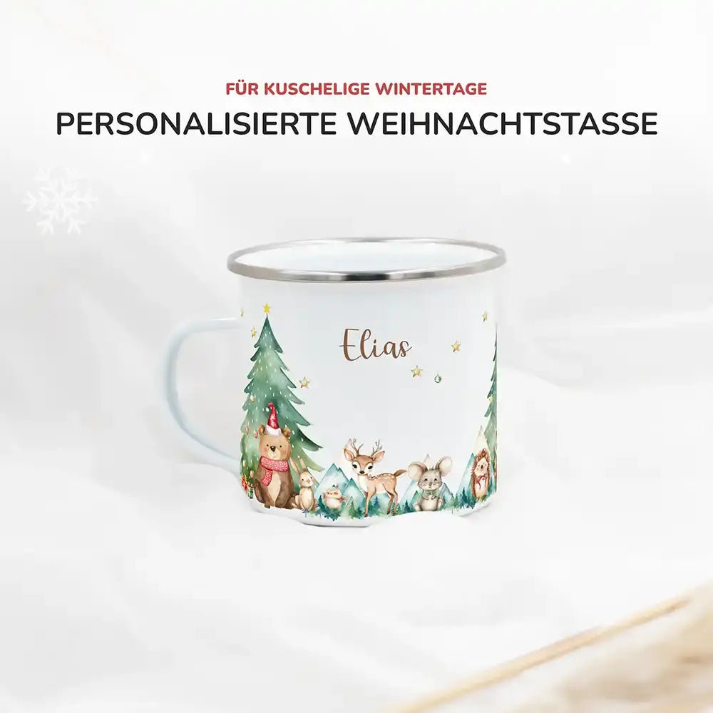 Emaille Tasse personalisiert Weihnachten - Frohe Waldtiere