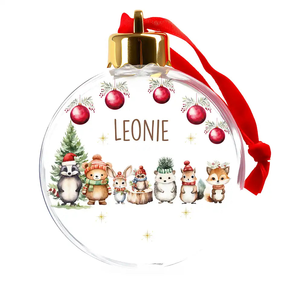 Weihnachtskugel personalisiert mit Namen - Niedliche Frostfreunde im Zauberwald