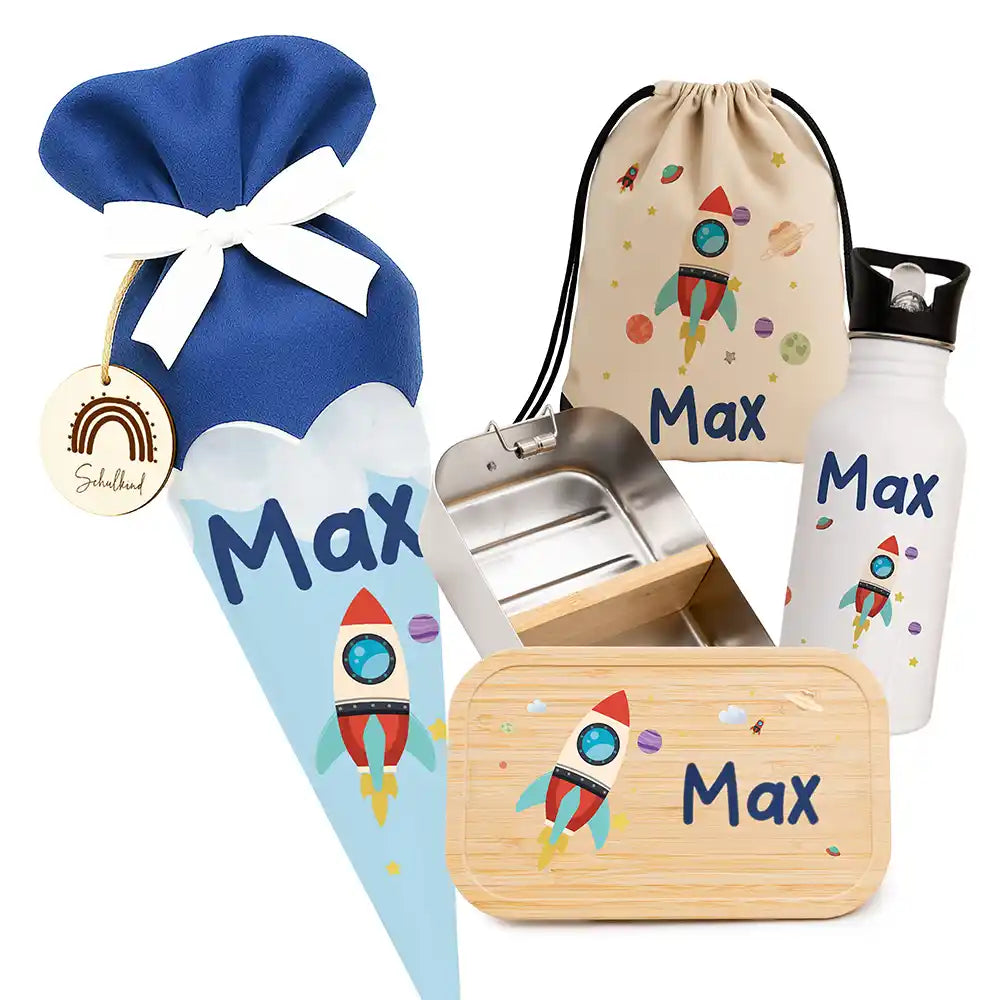 Großes Einschulungsset mit Name – Schultüte, Turnbeutel, Trinkflasche & Brotdose