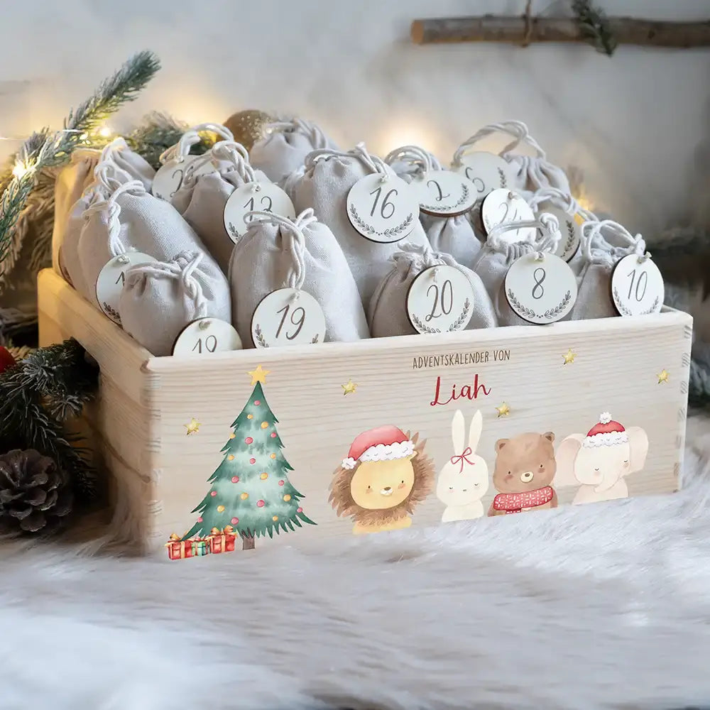 Adventskiste zum befüllen "Weihnachten mit weihnachtlichem Tiertrio" personalisiert