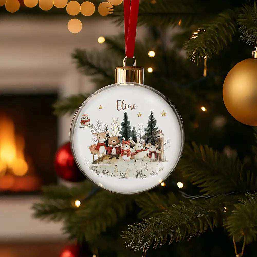 Weihnachtskugel personalisiert mit Namen - Kleine Freunde des Tannenwaldes