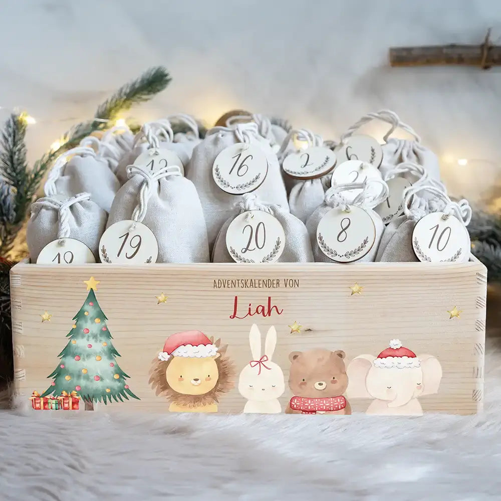 Adventskiste zum befüllen "Weihnachten mit weihnachtlichem Tiertrio" personalisiert