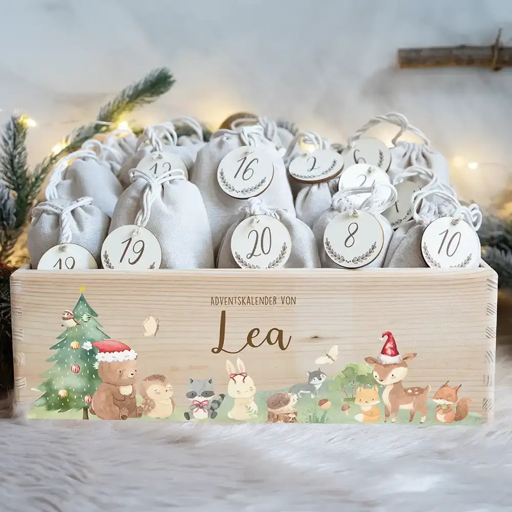 Adventskiste zum befüllen "Weihnachten mit winterlichen Tierfreunden" personalisiert