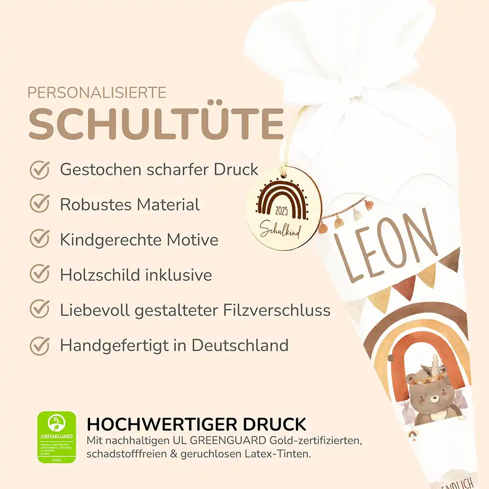 Personalisierte Schultüte mit Namen - Bär Boho Regenbogen