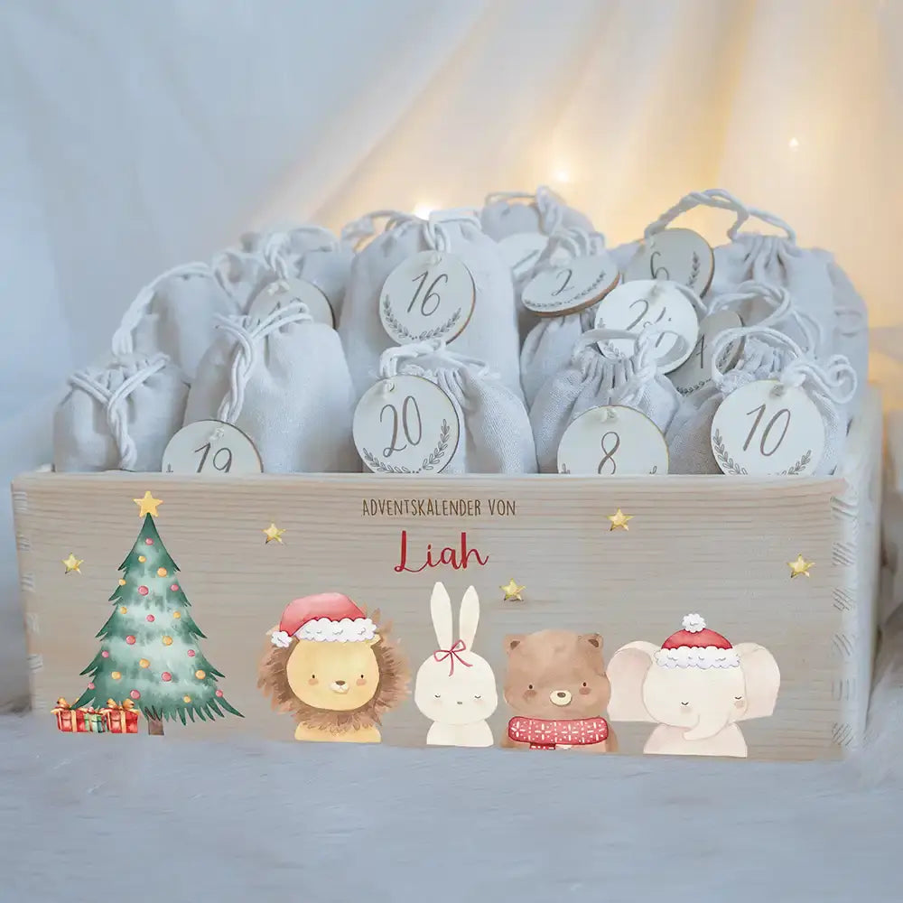 Adventskiste zum befüllen "Weihnachten mit weihnachtlichem Tiertrio" personalisiert