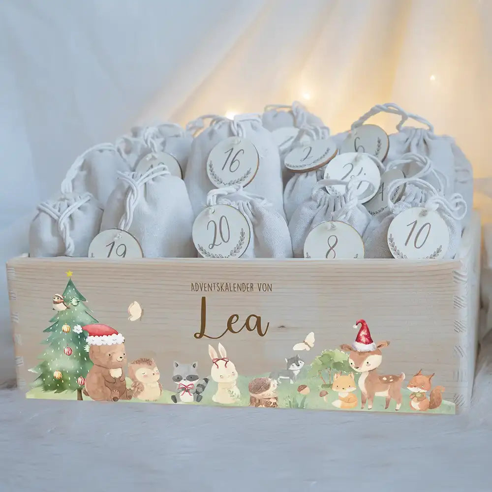 Adventskiste zum befüllen "Weihnachten mit winterlichen Tierfreunden" personalisiert