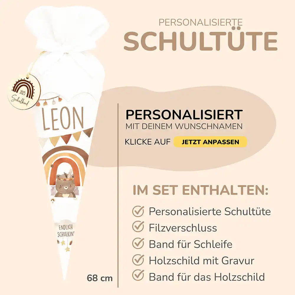 Personalisierte Schultüte mit Namen - Bär Boho Regenbogen