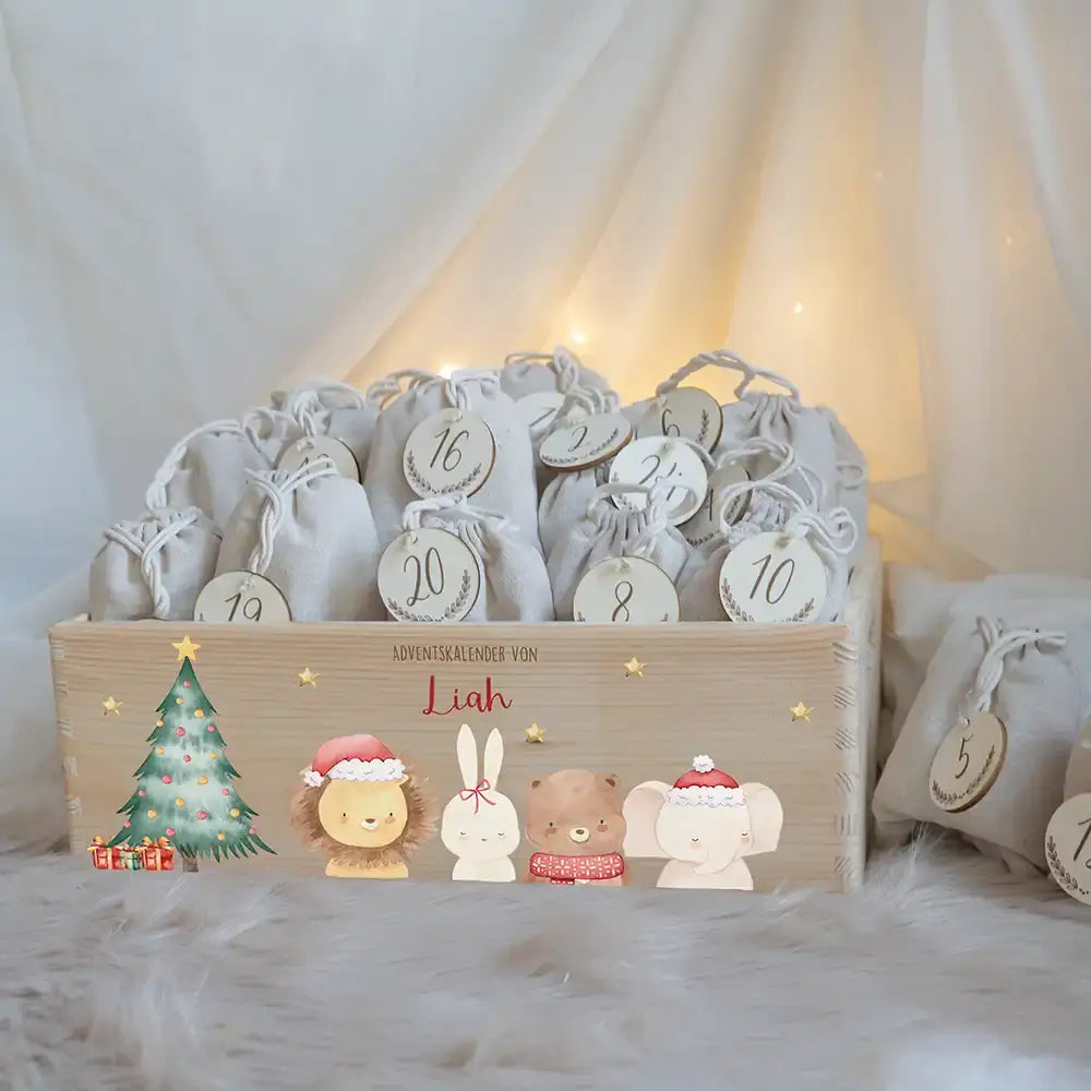 Adventskiste zum befüllen "Weihnachten mit weihnachtlichem Tiertrio" personalisiert