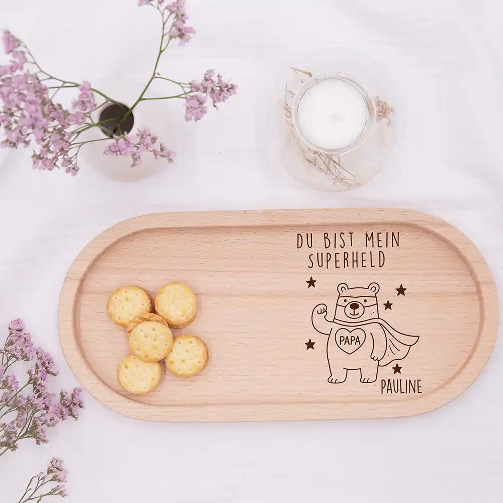 Personalisiertes Holz-Serviertablett "Superheld" - Vatertag Geschenk