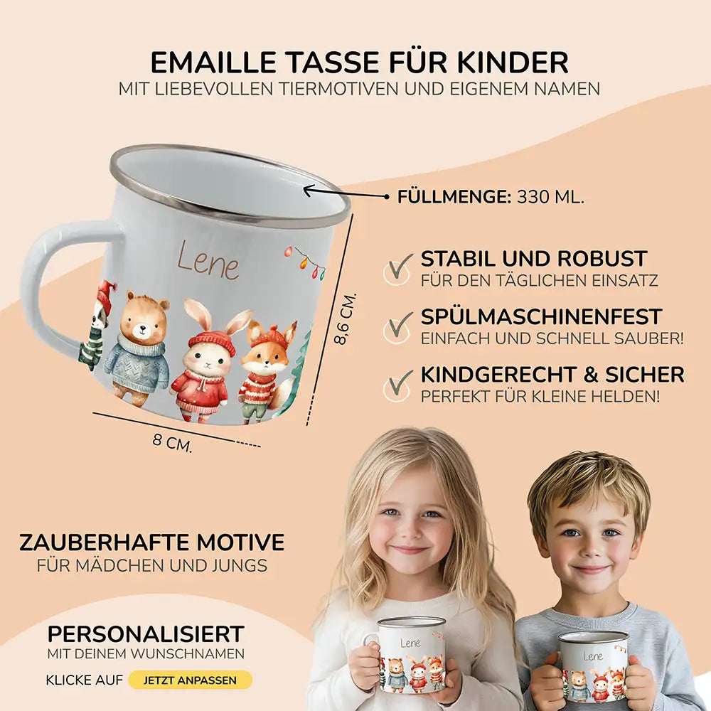 Emaille Tasse personalisiert Weihnachten - niedliche Tiere