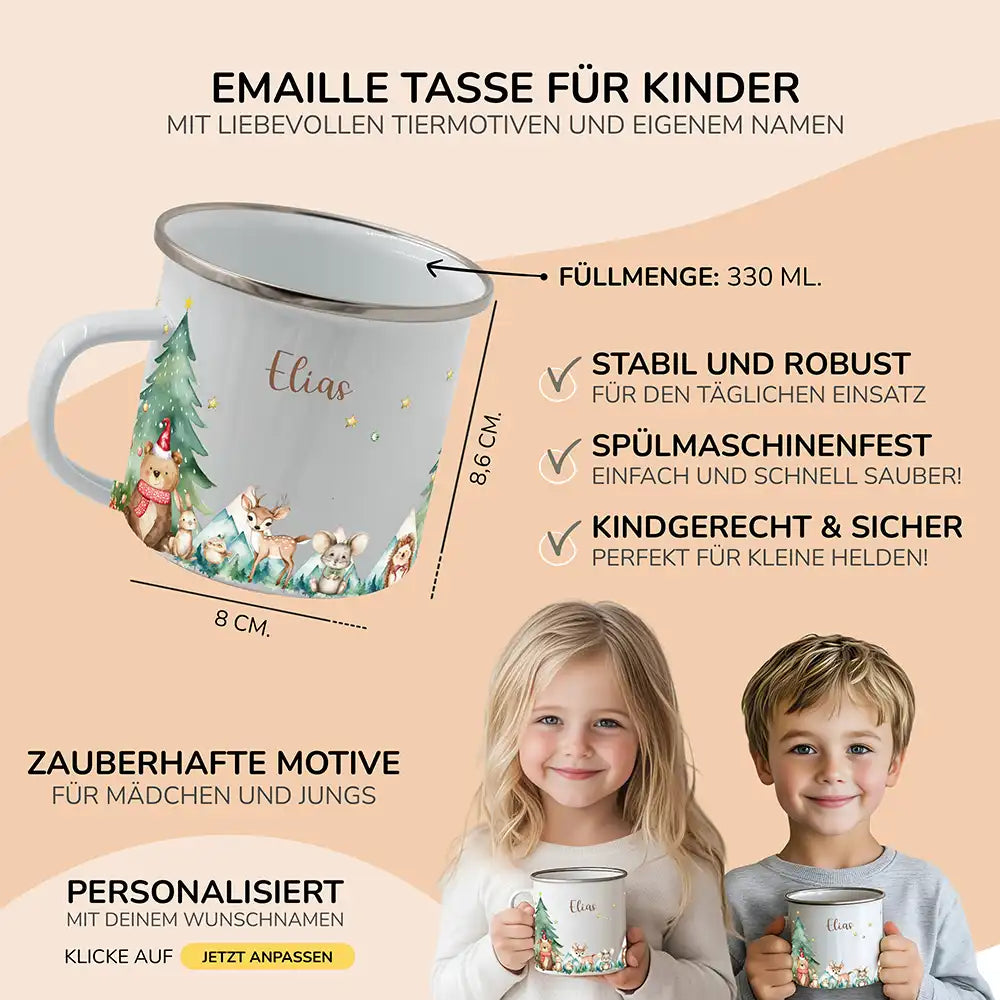Emaille Tasse personalisiert Weihnachten - Frohe Waldtiere