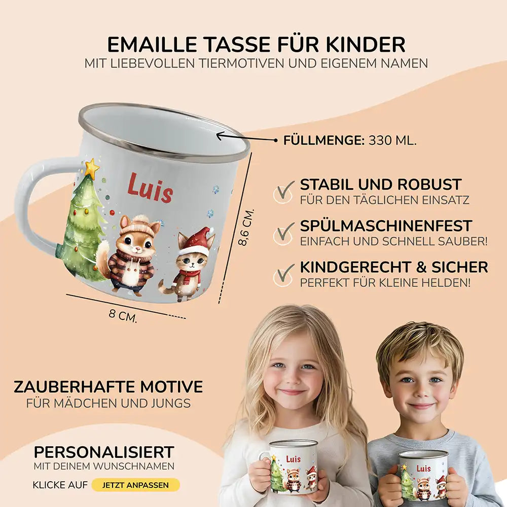 Emaille Tasse personalisiert Weihnachten - Süße Eichhörnchen