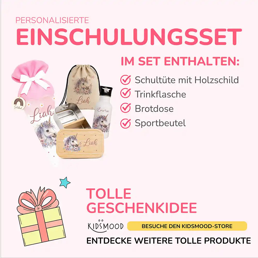 Großes Einschulungsset mit Name – Schultüte, Turnbeutel, Trinkflasche & Brotdose