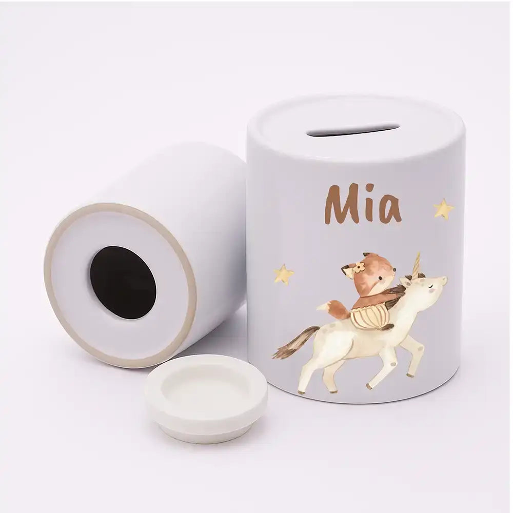 Kinderspardose aus Keramik - Zauberhaftes Eichhörnchen auf Einhorn