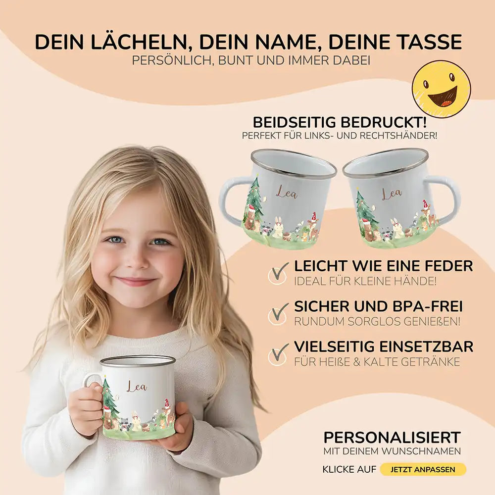 Emaille Tasse personalisiert Weihnachten - Niedliche Waldtiere