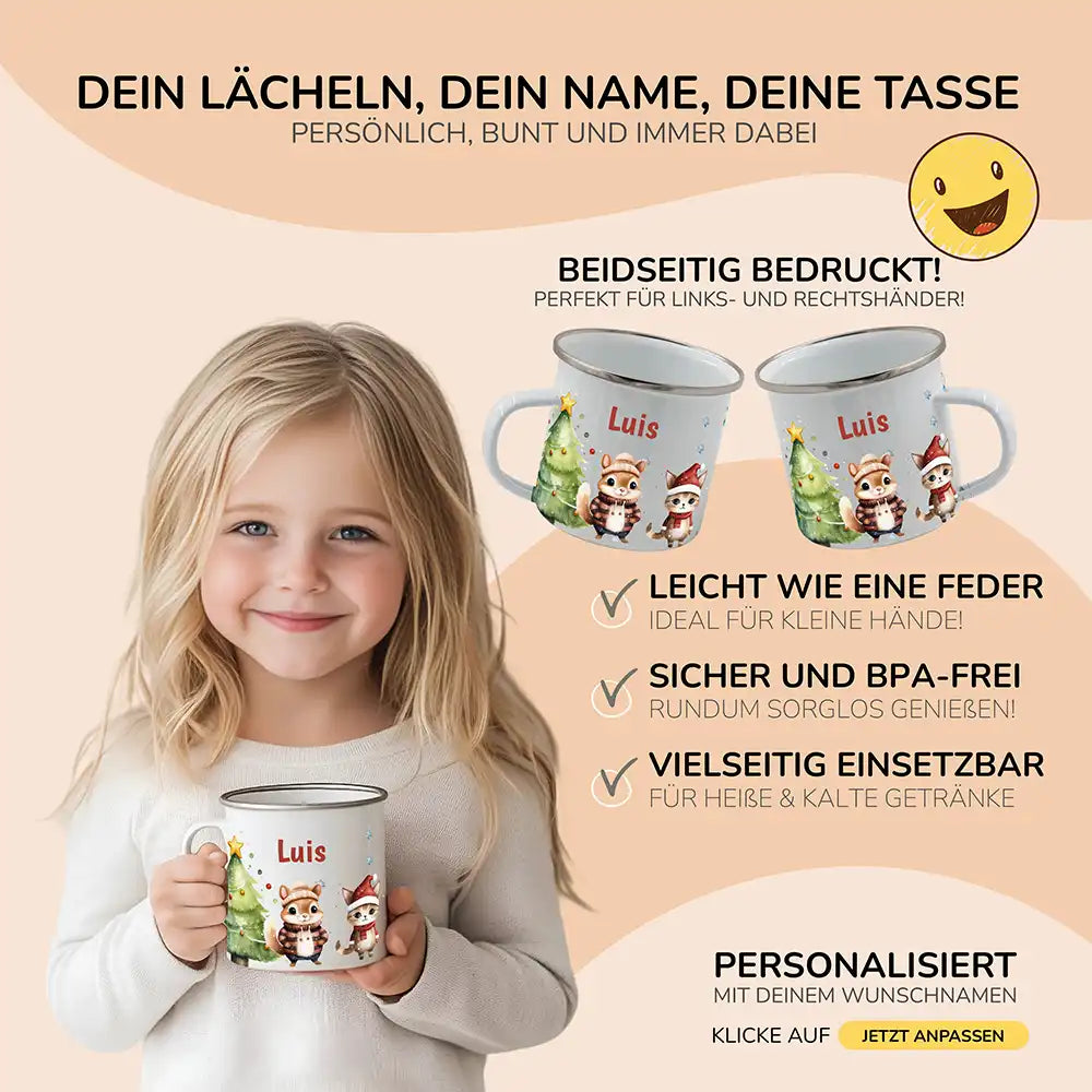 Emaille Tasse personalisiert Weihnachten - Süße Eichhörnchen