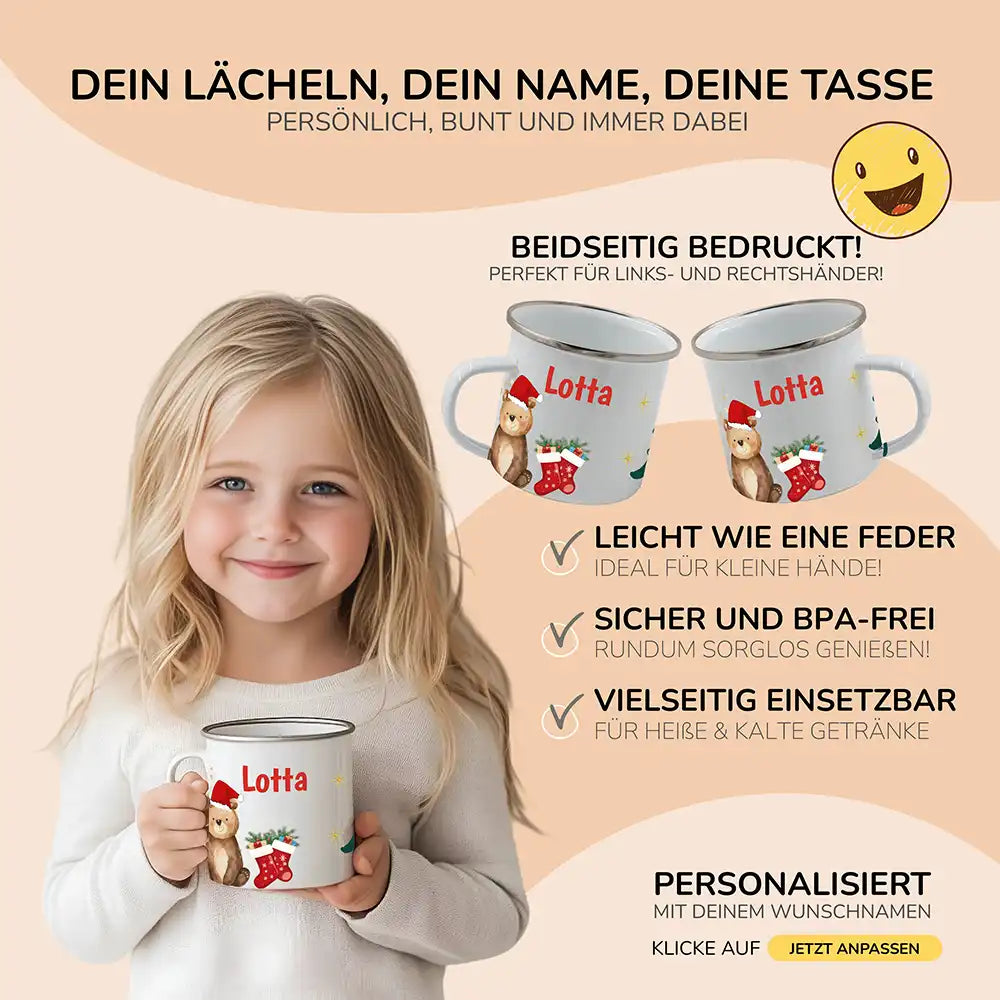 Emaille Tasse personalisiert Weihnachten - Weihnachtsbär