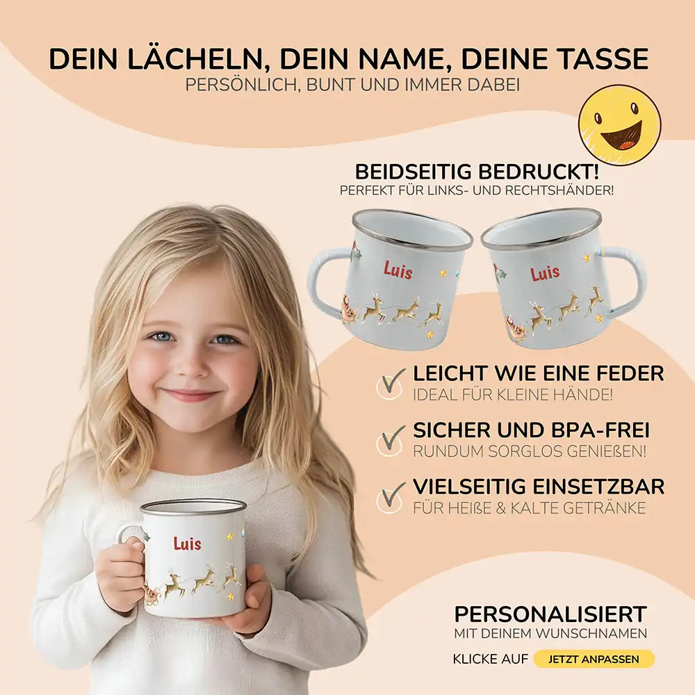Emaille Tasse personalisiert Weihnachten - Rentier Schlitten