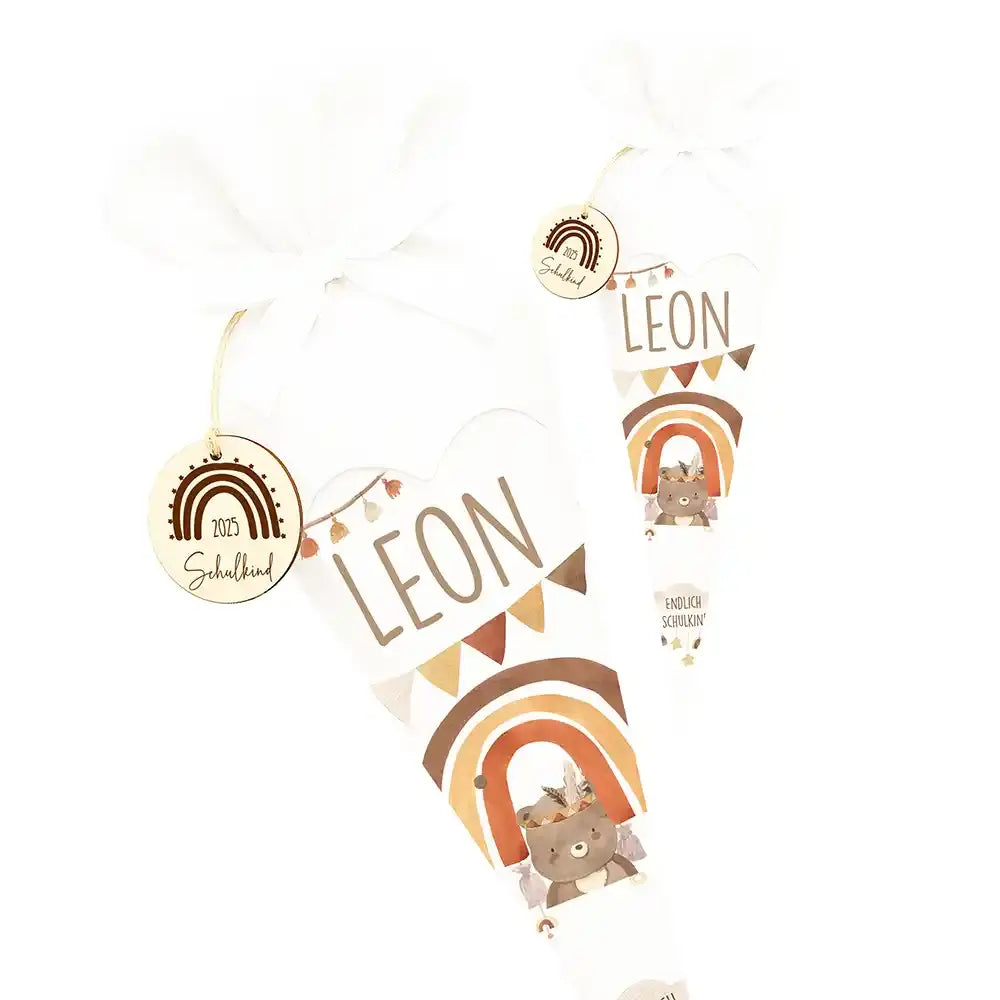 Personalisierte Schultüte mit Namen - Bär Boho Regenbogen