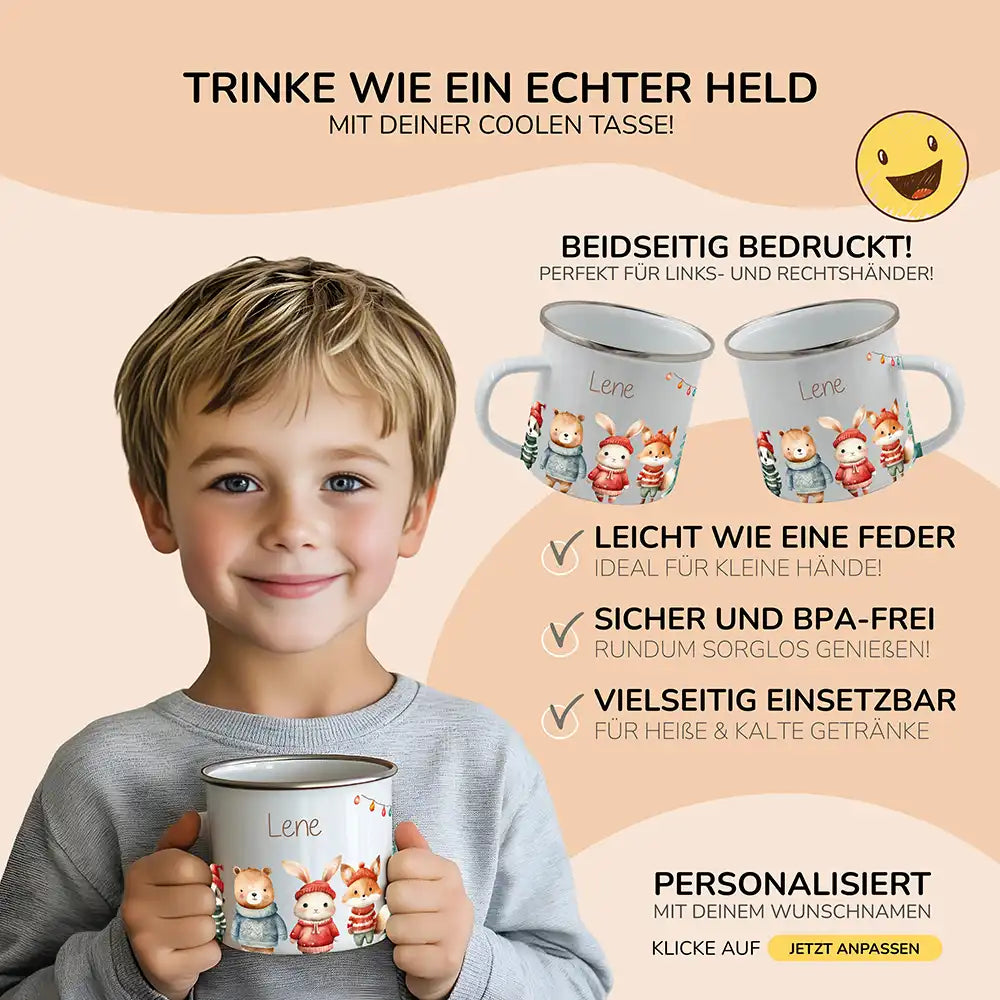 Emaille Tasse personalisiert Weihnachten - niedliche Tiere