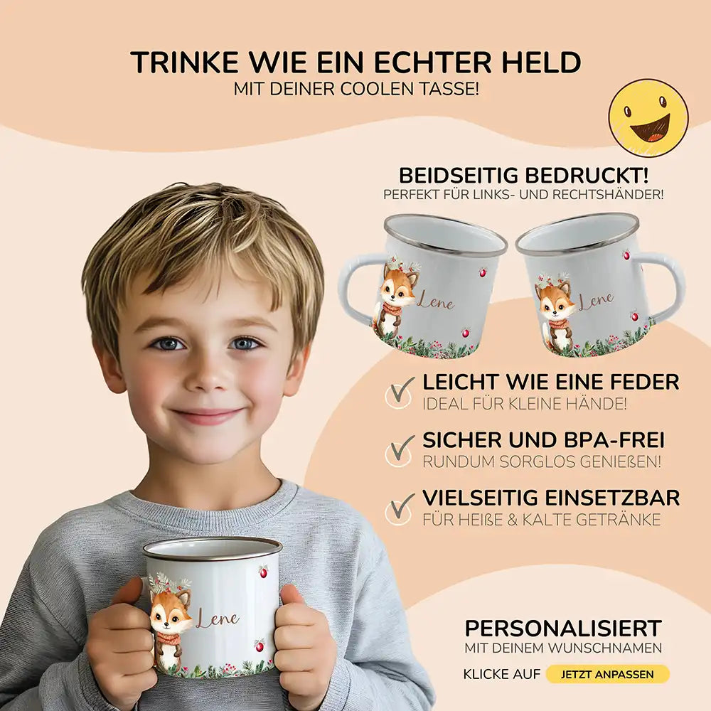 Emaille Tasse personalisiert Weihnachten - Fuchs