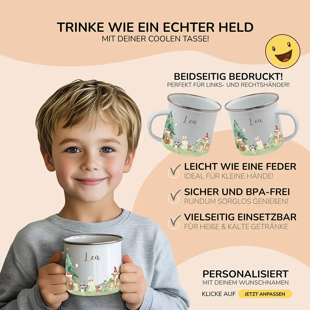 Emaille Tasse personalisiert Weihnachten - Niedliche Waldtiere