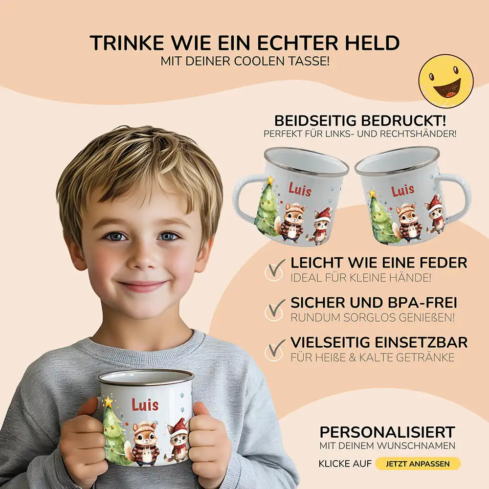 Emaille Tasse personalisiert Weihnachten - Süße Eichhörnchen