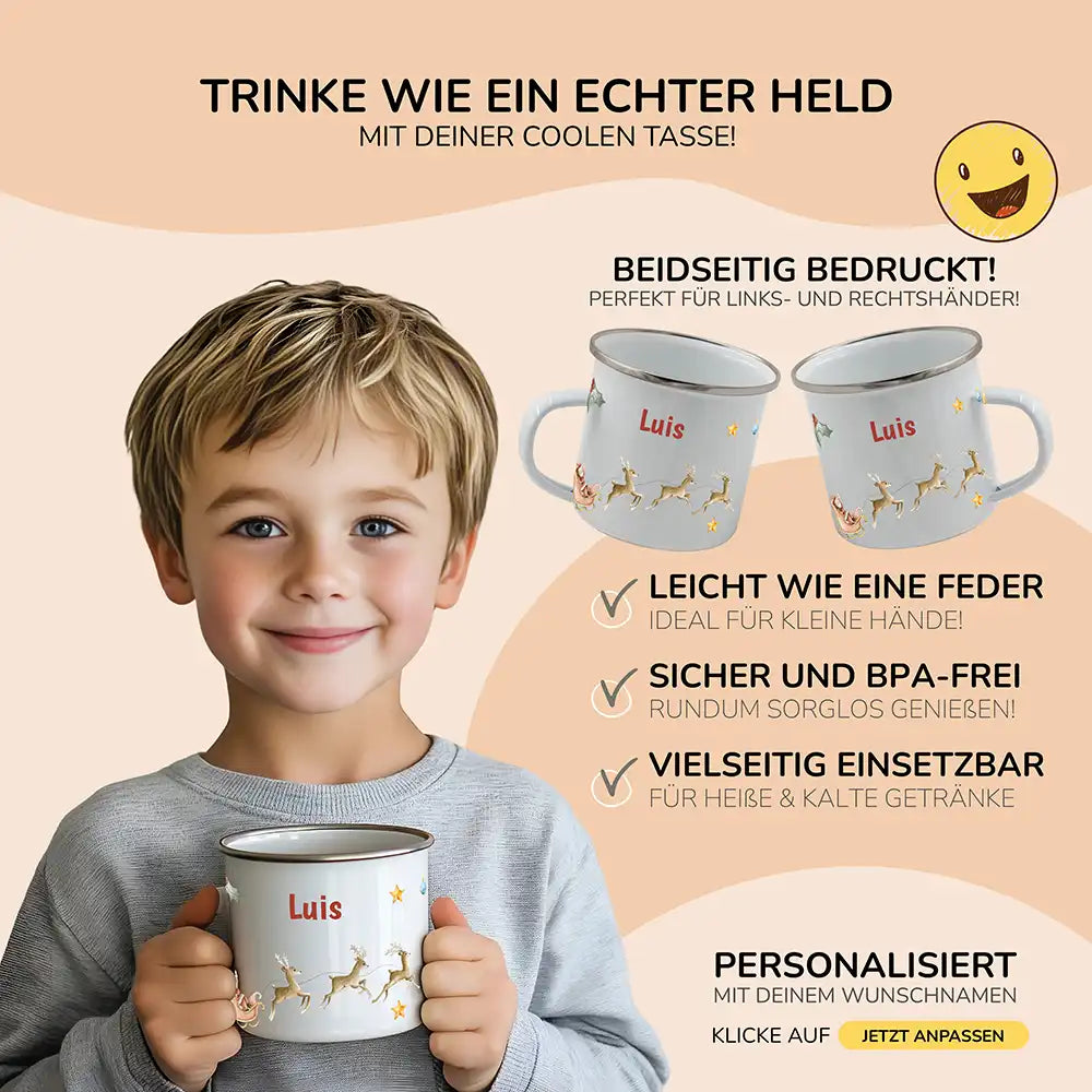 Emaille Tasse personalisiert Weihnachten - Rentier Schlitten