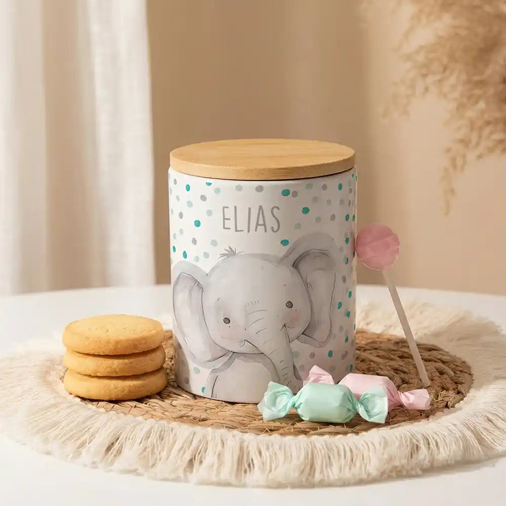 Personalisierte Keksdose Elefant Konfetti aus Keramik mit Bambusdeckel - Wunschname - Kidsmood.de