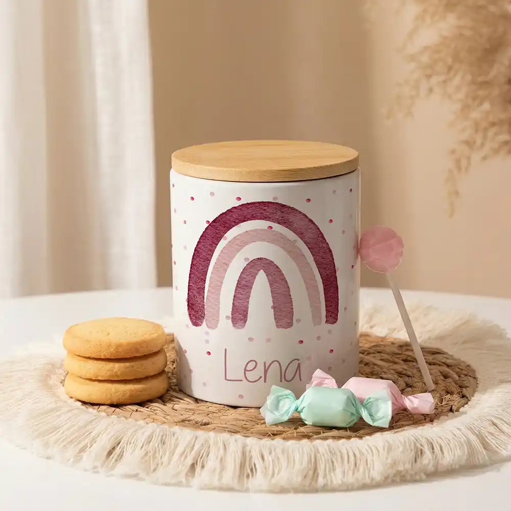 Personalisierte Keksdose Regenbogen Rosa aus Keramik mit Bambusdeckel - Wunschname - Kidsmood.de