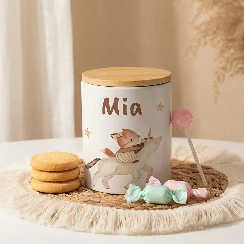 Personalisierte Keksdose Fuchs & Einhorn aus Keramik mit Bambusdeckel - Wunschname - Kidsmood.de