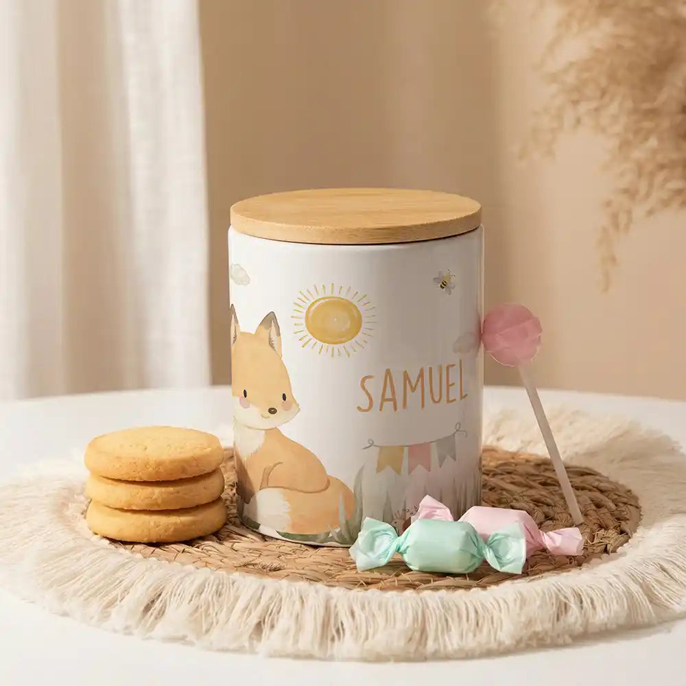 Personalisierte Keksdose Fuchs Sommer aus Keramik mit Bambusdeckel - Wunschname - Kidsmood.de