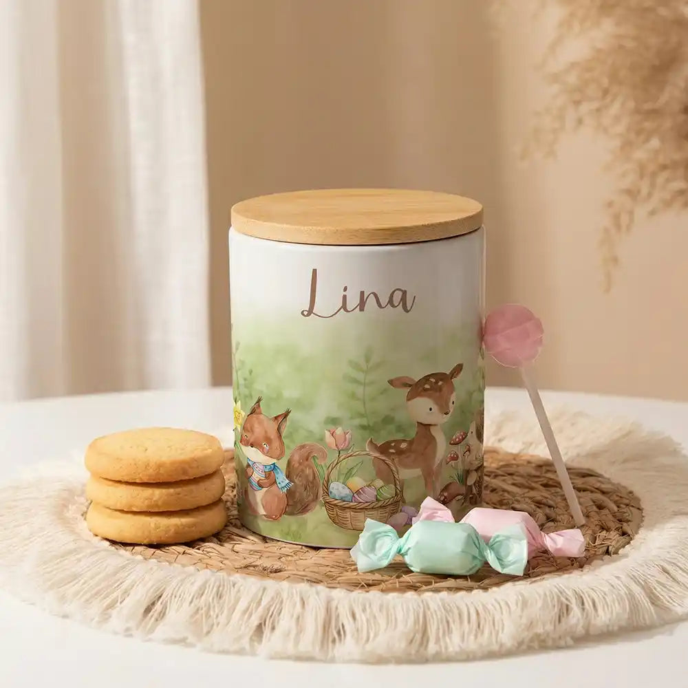 Personalisierte Keksdose Ostern Reh & Fuchs aus Keramik mit Bambusdeckel - Wunschname - Kidsmood.de