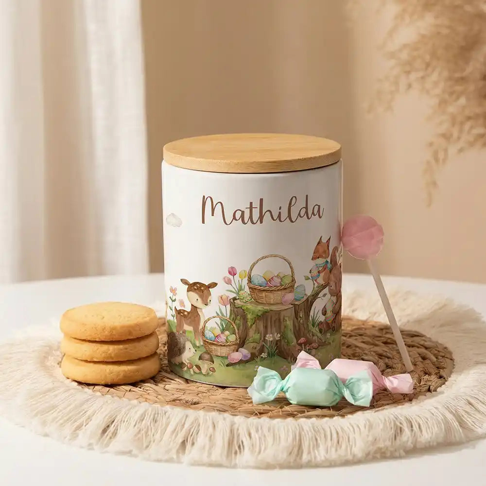 Personalisierte Keksdose Ostern Rehkitz aus Keramik mit Bambusdeckel - Wunschname - Kidsmood.de