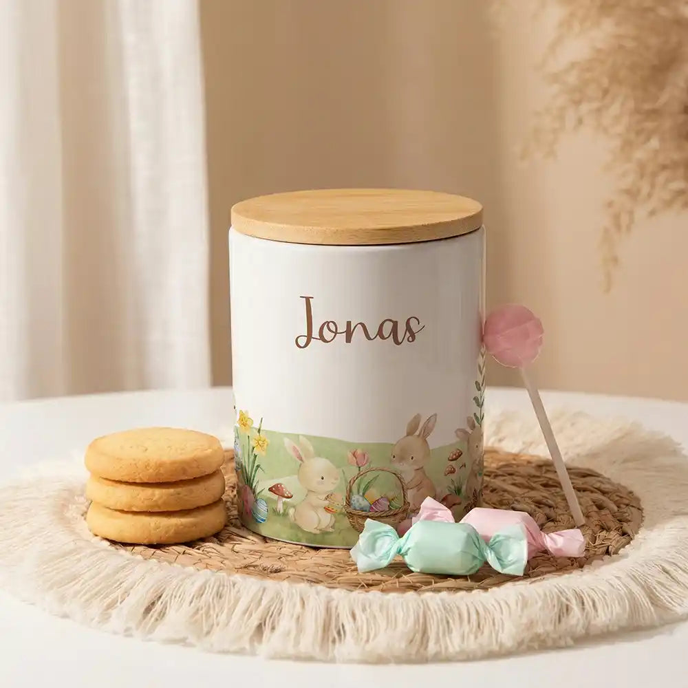 Personalisierte Keksdose Ostern Hasen aus Keramik mit Bambusdeckel - Wunschname - Kidsmood.de