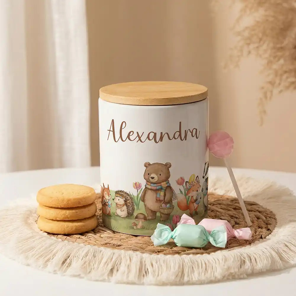 Personalisierte Keksdose Herbst-Waldtiere aus Keramik mit Bambusdeckel - Wunschname - Kidsmood.de