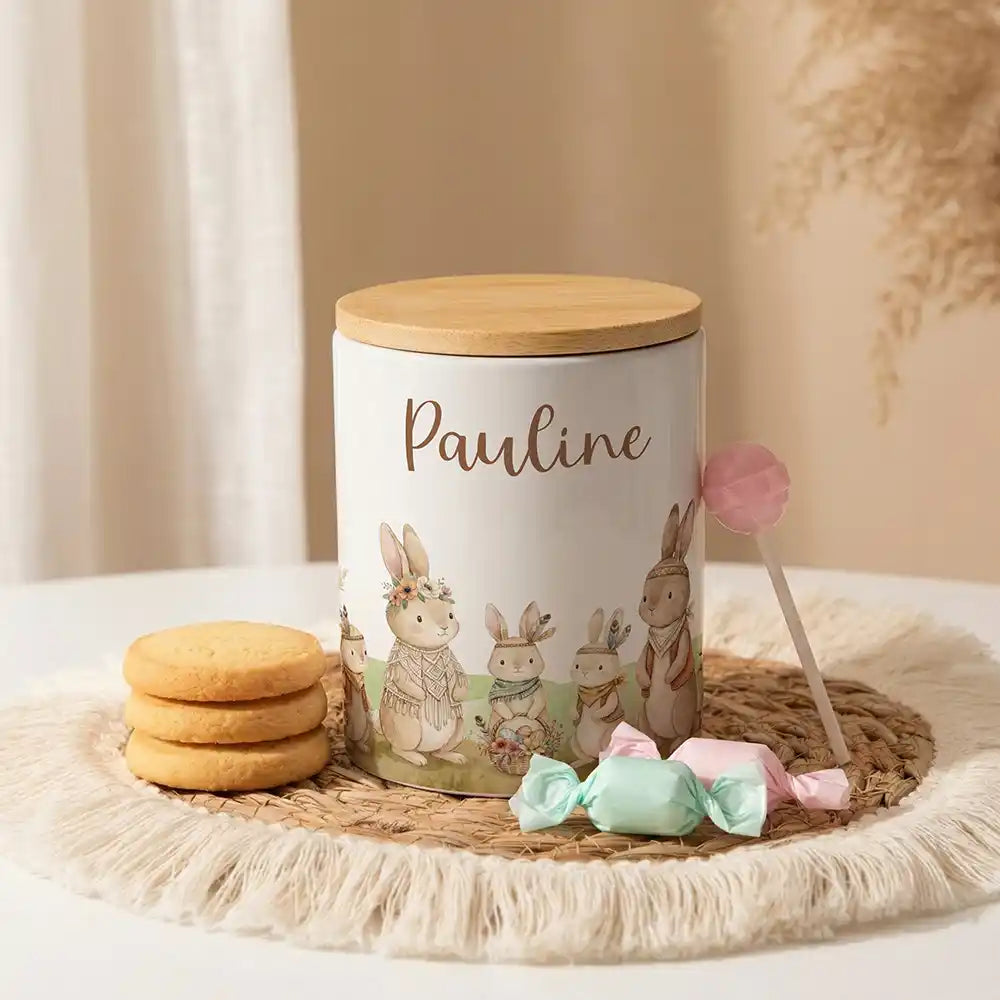 Personalisierte Keksdose Boho-Hasen aus Keramik mit Bambusdeckel - Wunschname - Kidsmood.de