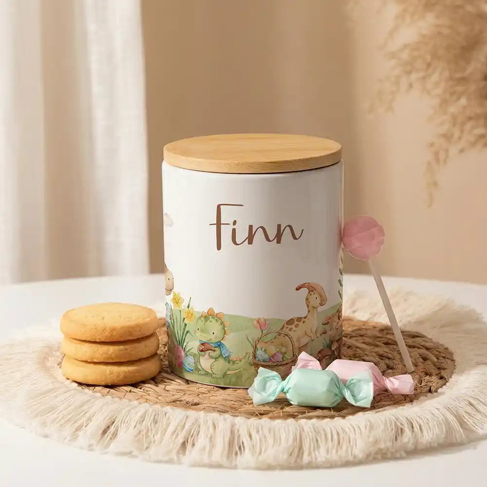 Personalisierte Keksdose Dinos Ostern aus Keramik mit Bambusdeckel - Wunschname - Kidsmood.de