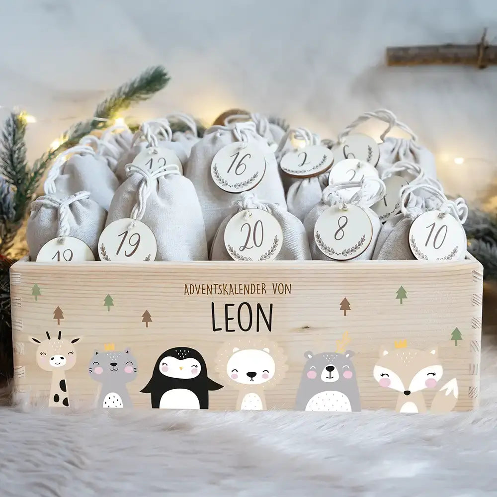 Personalisierte Adventskiste zum Befüllen - Winter Tierfamilie