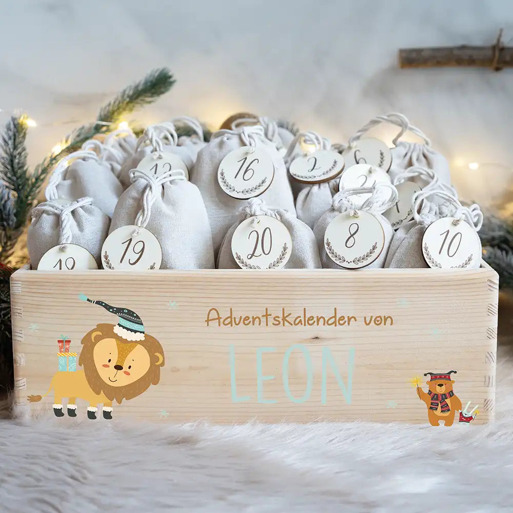 Personalisierte Adventskiste zum Befüllen - Löwe und Bär