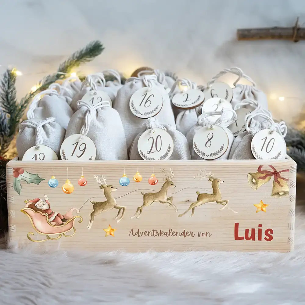 Personalisierte Adventskiste zum Befüllen - Rentier mit Schlitten