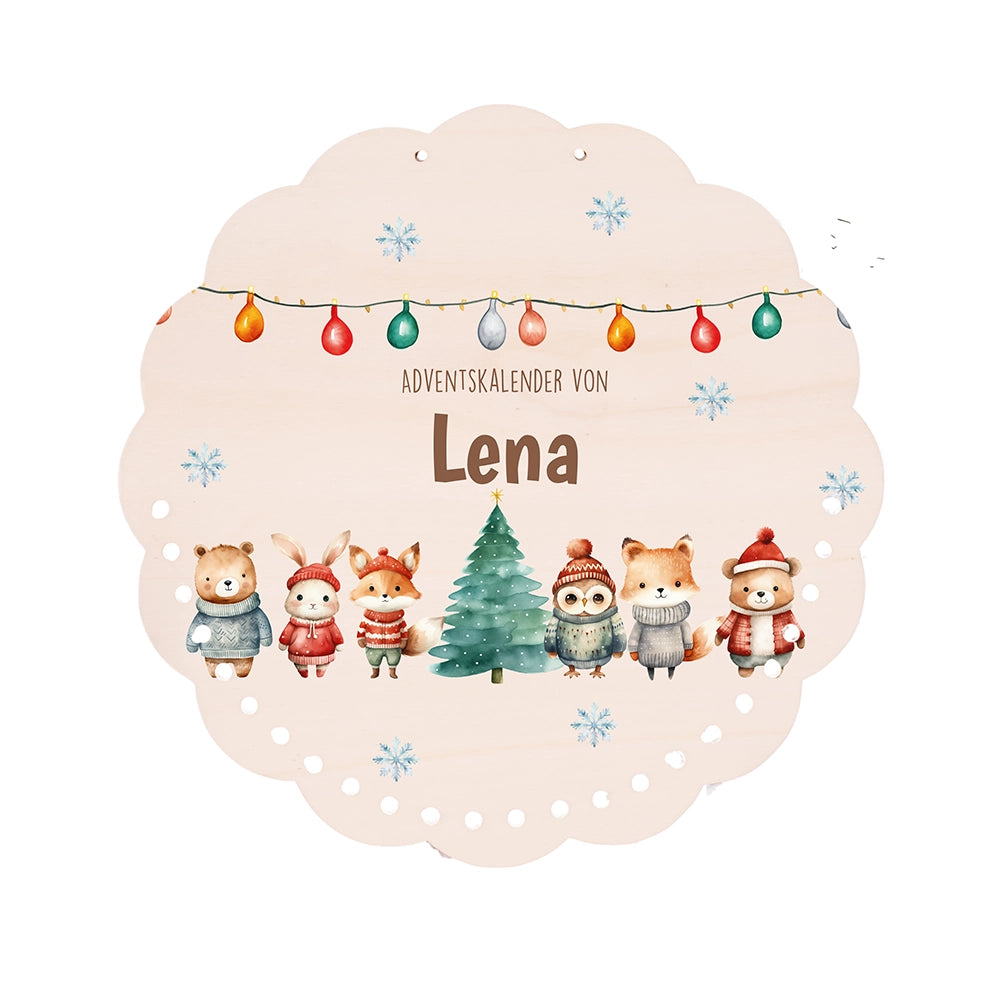 Personalisierter runder Adventskalender Kinder aus Holz - Niedliche Waldfreunde