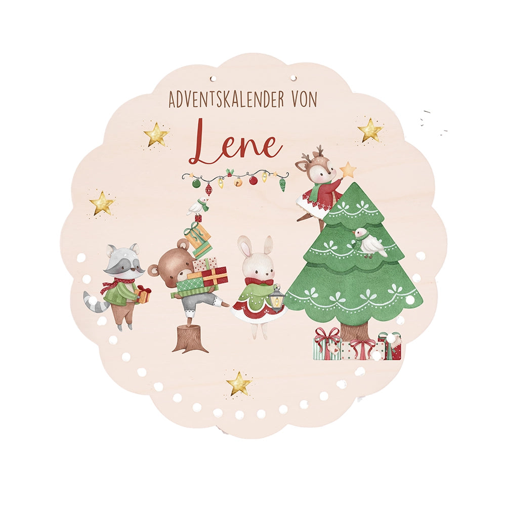 Personalisierter runder Adventskalender Kinder aus Holz - Festliche Waldszene