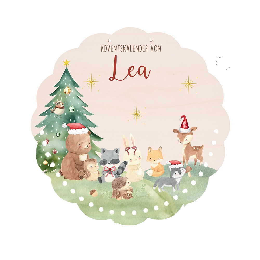 Personalisierter runder Adventskalender Kinder aus Holz - Niedliche Waldfreunde