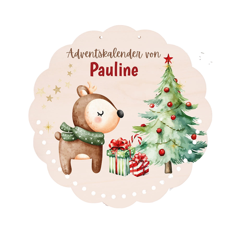 Personalisierter runder Adventskalender Kinder aus Holz - Baby Reh
